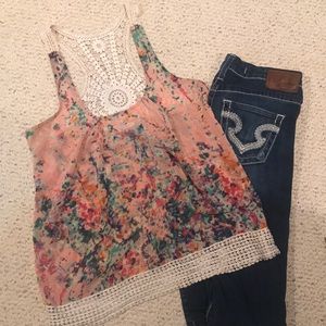 Flowy tank top with crochet accents